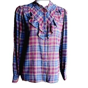 Maison 123 Plaid Burgundy Blue Ruffle Wool Blend Blouse Size Medium